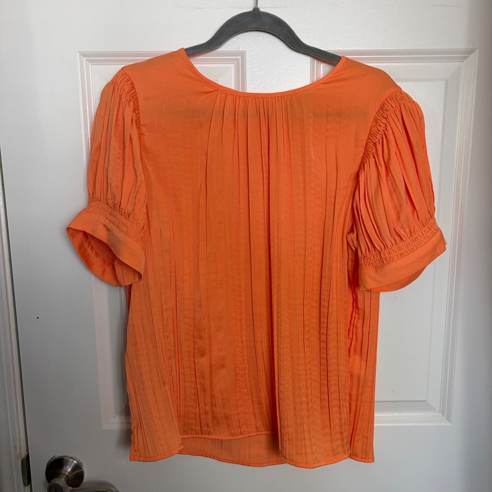 Vince Camuto Orange Pleated Puff Sleeve Blouse Top Large